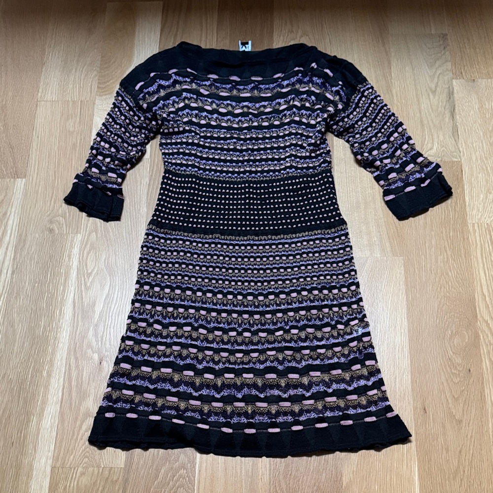 Black & Pink Patterned Knit Midi Dress